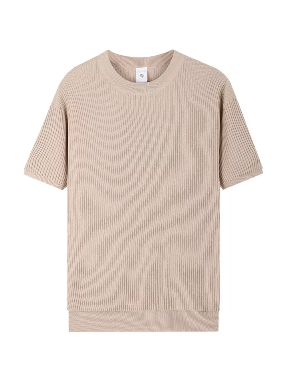 Men's apricot ribbed knit t-shirt with relaxed fit and crew neck.