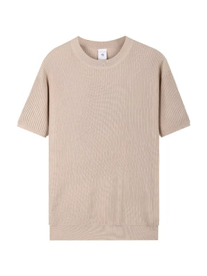 Men's apricot ribbed knit t-shirt with relaxed fit and crew neck.