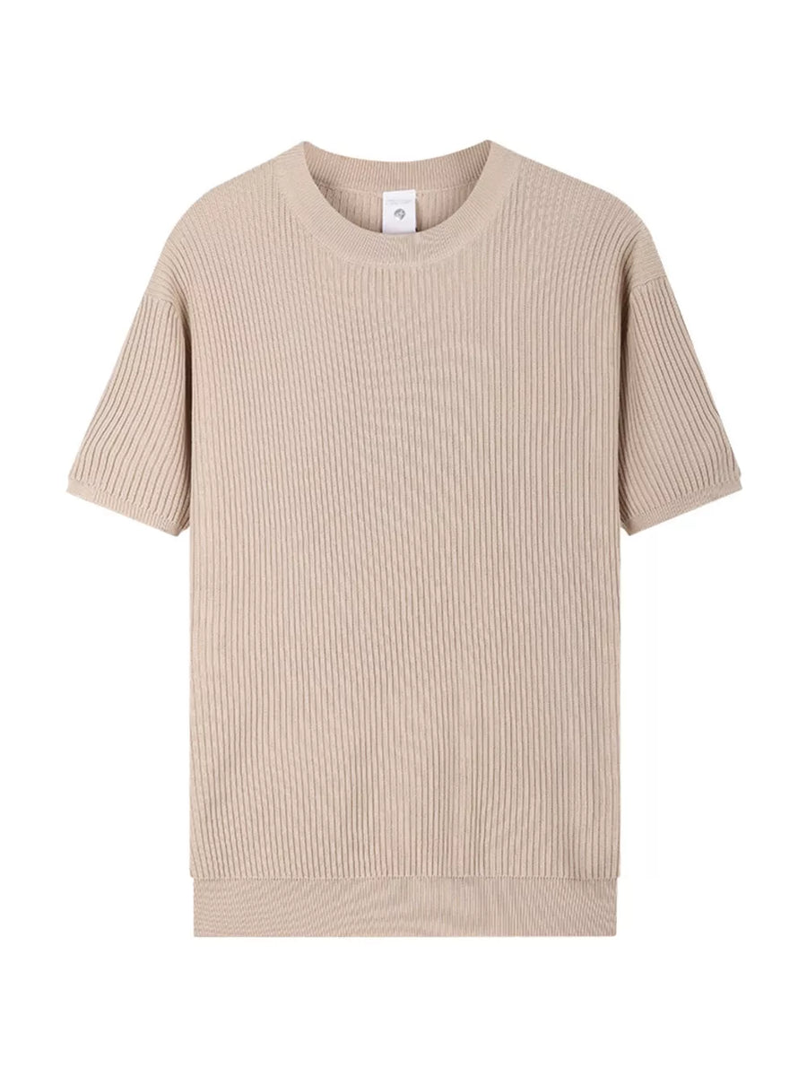 Men's apricot ribbed knit t-shirt with relaxed fit and crew neck.