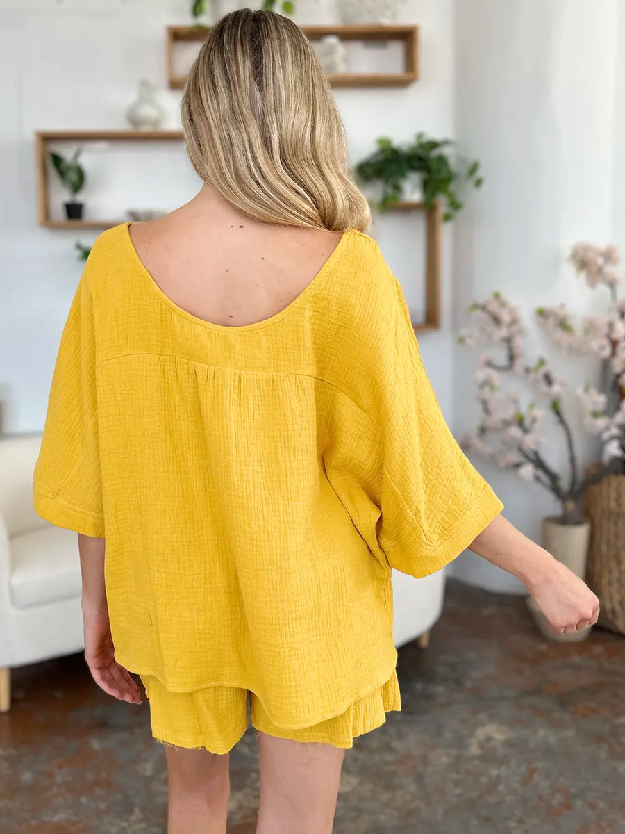 Gold textured cotton half sleeve top and drawstring shorts set
