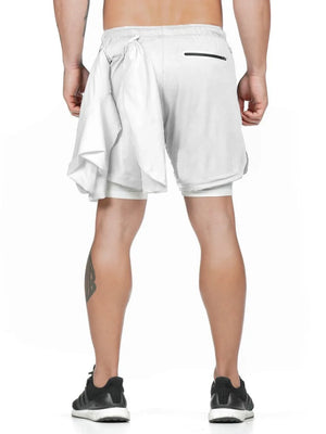 White layered performance shorts with built-in liner and towel loop.