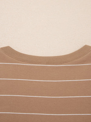 Brown striped t-shirt dress with crew neck and ribbed trim.
