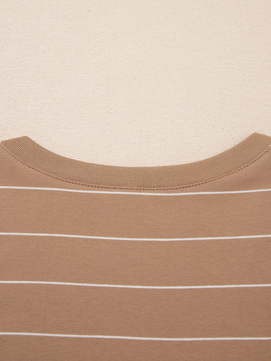 Brown striped t-shirt dress with crew neck and ribbed trim.