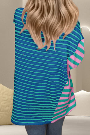 Asymmetric stripe panel tee in cerulean with pink and green stripes on the side.
