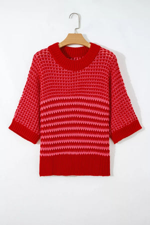 Red and pink striped crochet knit sweater with crew neck and short sleeves.