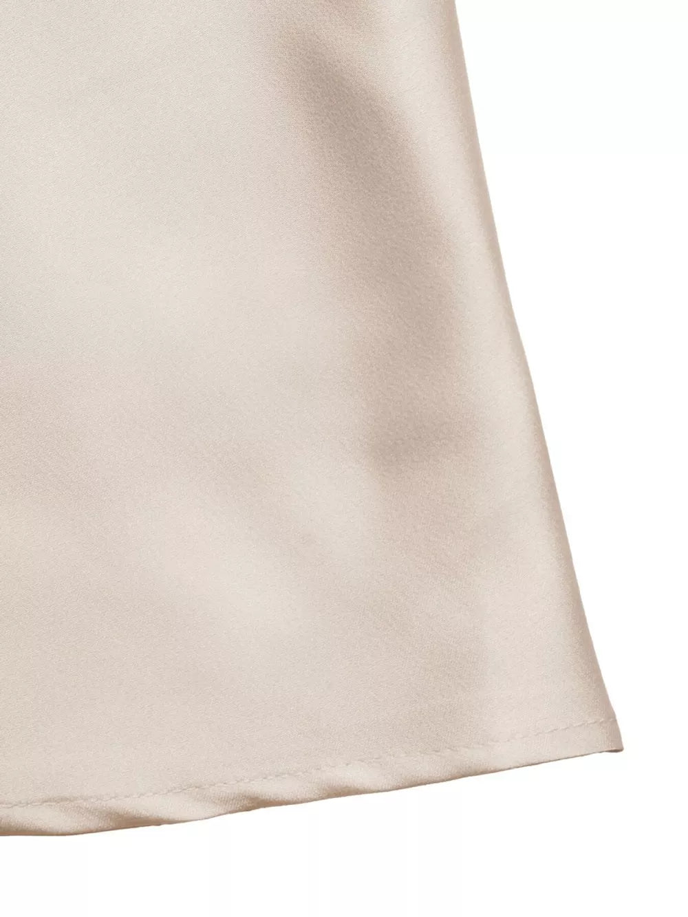 Lustrous V-neck maxi dress in champagne satin with spaghetti straps and a-line cut.