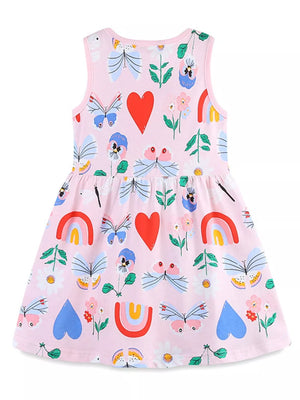 Pink cotton toddler dress with butterflies, rainbows, hearts, and flowers print.
