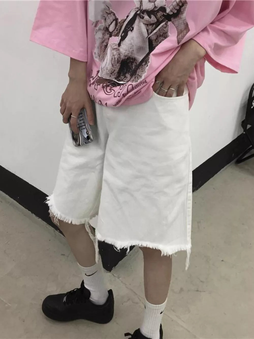 Men's Full Size Raw Hem Shorts in White