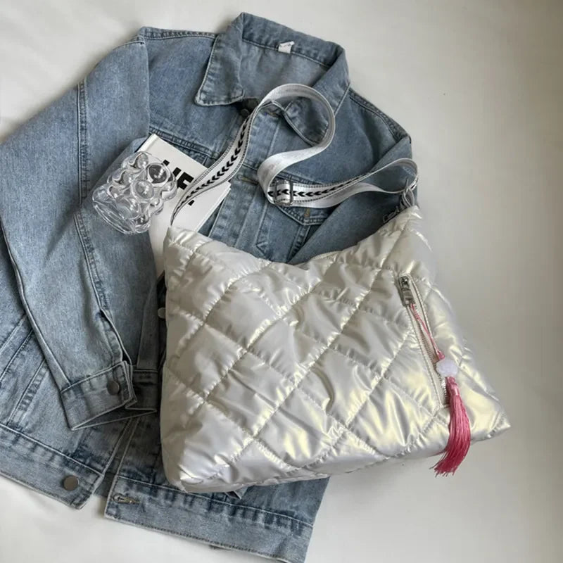 Diamond quilt padded shoulder bag in white with pink tassel detail