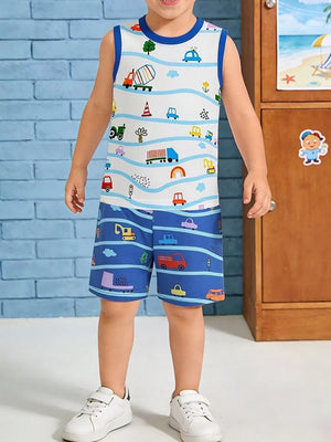 Toddler blue vehicle print cotton tank top and shorts set
