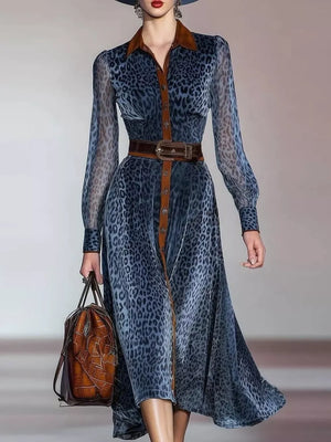 slate blue shirt dress with leopard and collared