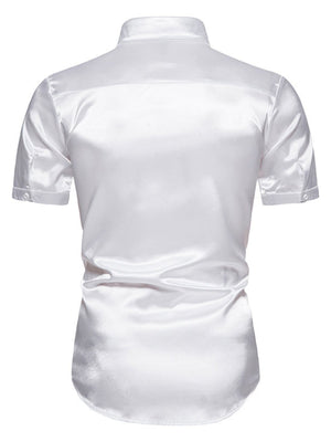 Men's white satin finish short sleeve button-up shirt with a classic collar.