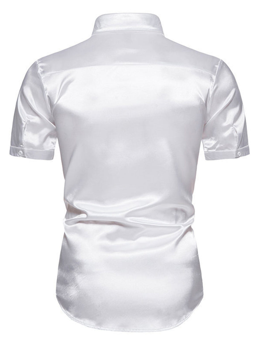 Men's white satin finish short sleeve button-up shirt with a classic collar.