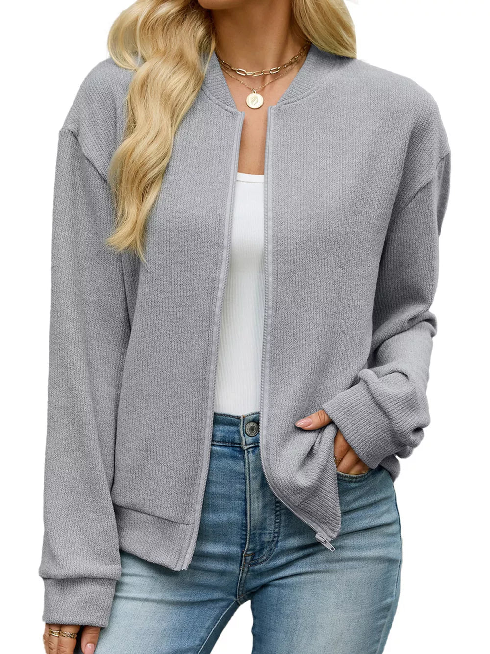 modern zip-up sweater in Brown with round neck