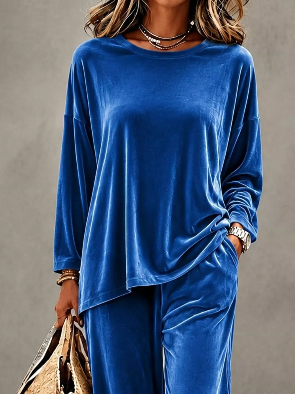 Green top and pants set with hip-length and pullover