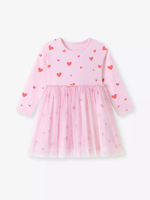 red fit-and-flare dress featuring mesh and heart-print