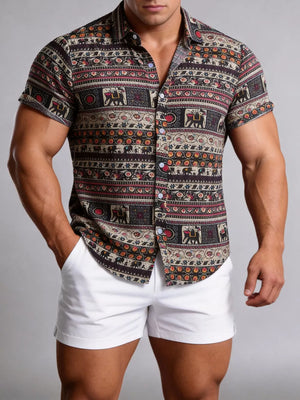 Button-down Graphic Short-sleeve Top in White