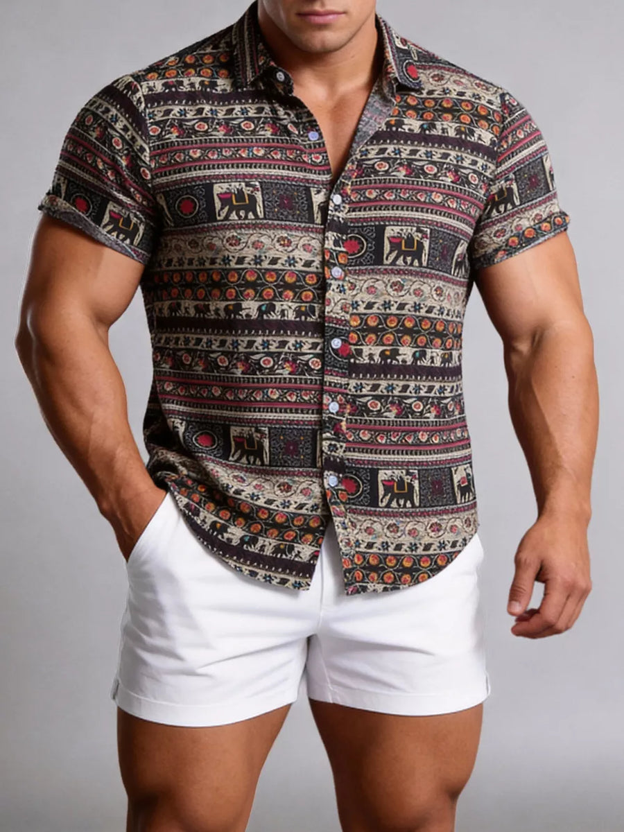 Button-down Graphic Short-sleeve Top in White