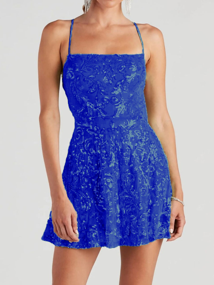 mini dress in Green with square neck and spaghetti strap