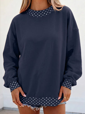 navy blue sweatshirt with polka dot and crew neck