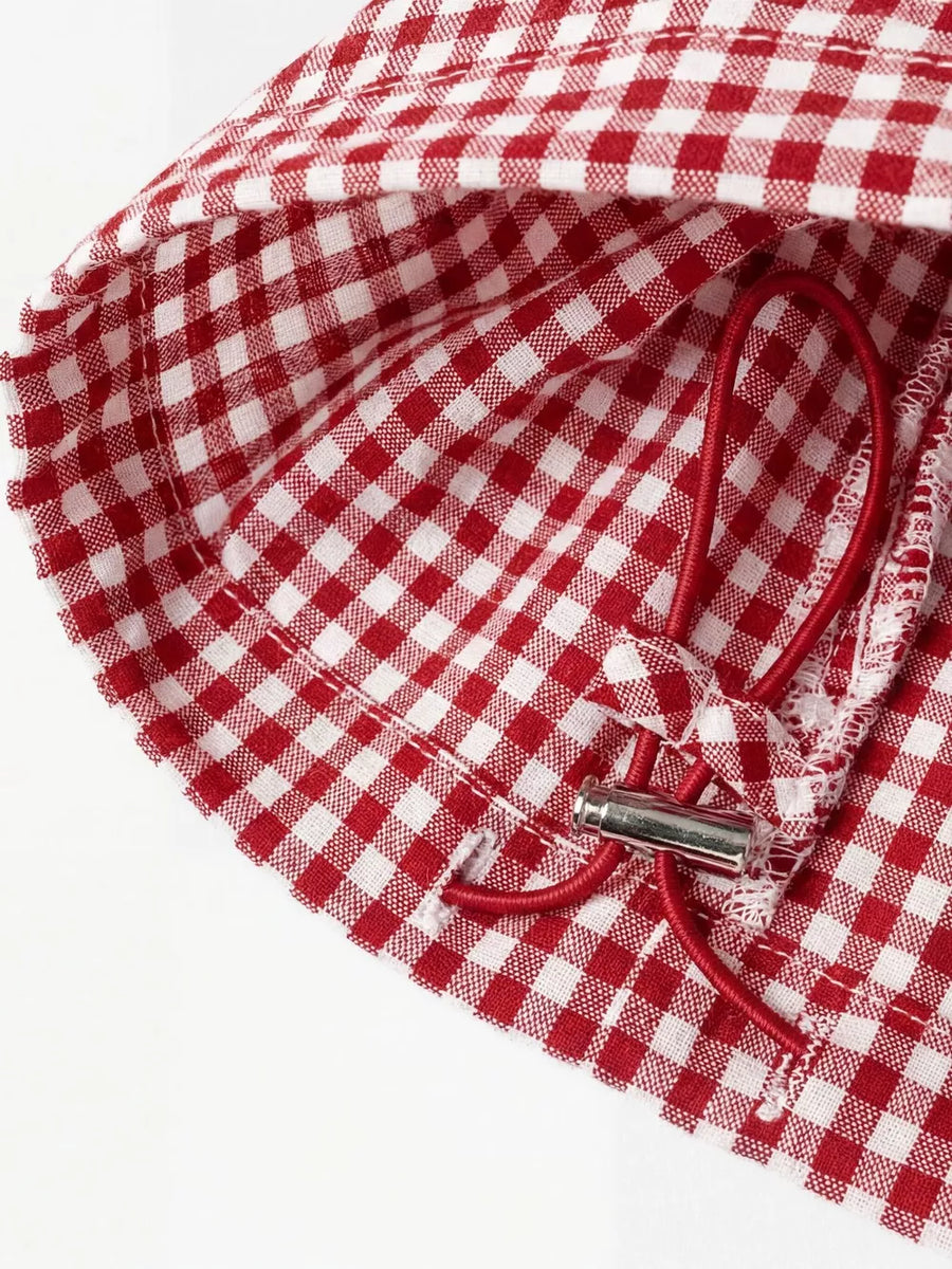 wide-leg pants in white with gingham and drawstring waist