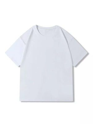 White 100% cotton crew neck t-shirt with short sleeves.