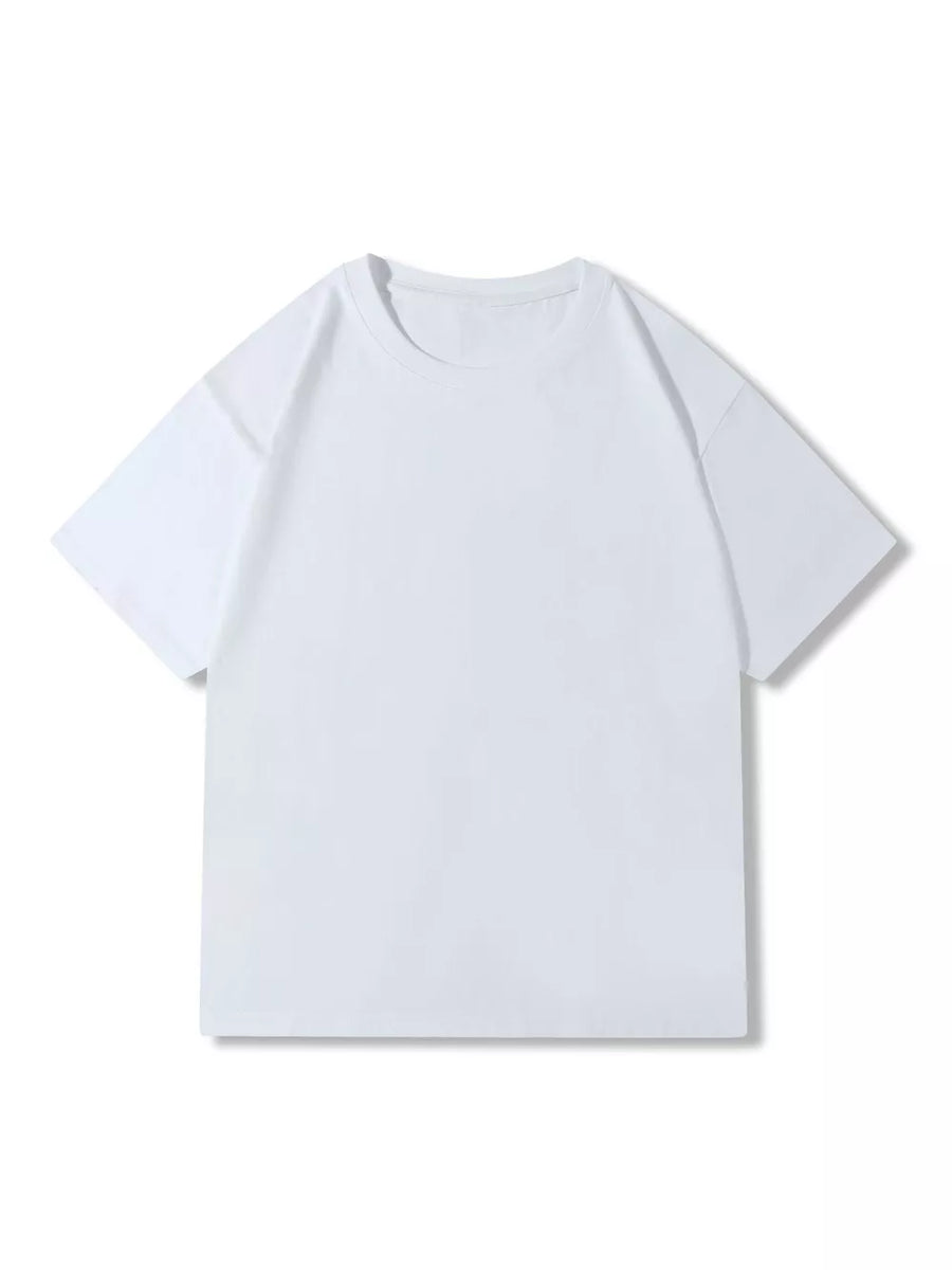 White 100% cotton crew neck t-shirt with short sleeves.