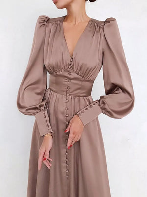 Wine Red A-line midi dress with v-neck
