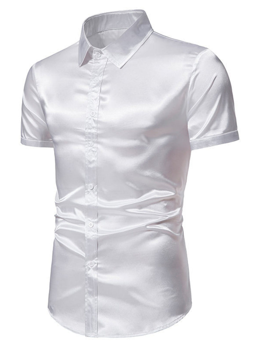 Men's white satin finish short sleeve button-up shirt with a classic collar.