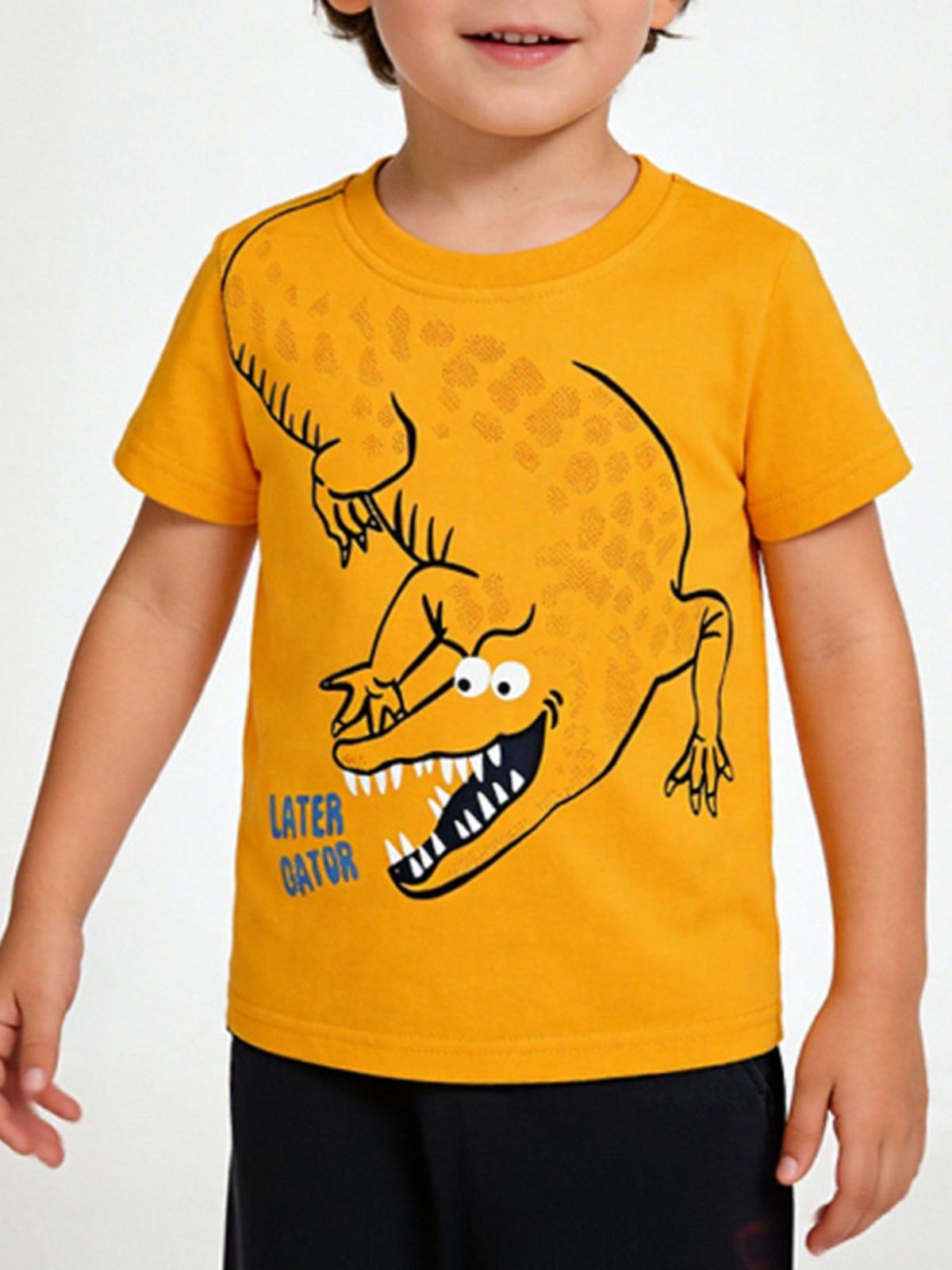 Toddler yellow t-shirt with playful alligator graphic and "Later Gator" text.