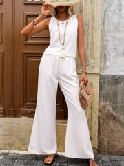 White lace-detail round neck sleeveless top and wide-leg pants set