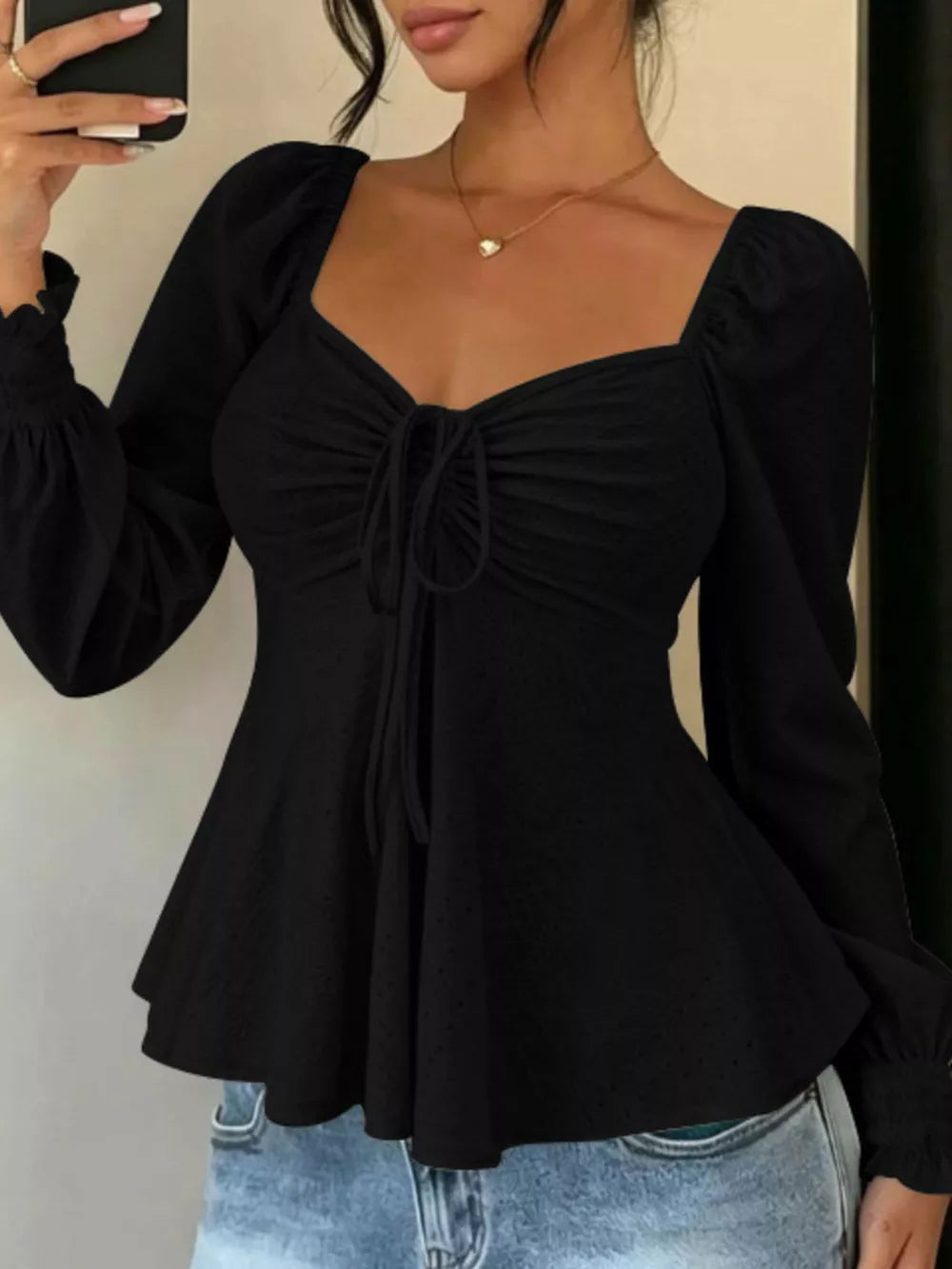 Yellow peplum top with hip-length and pullover