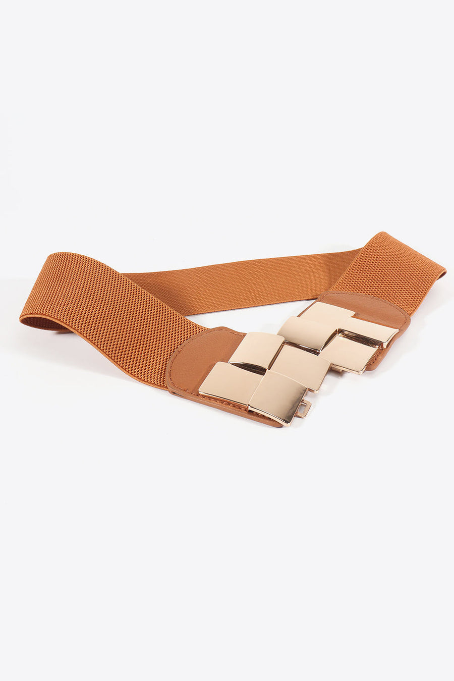 Caramel stretch belt with geometric gold buckle and faux leather detail