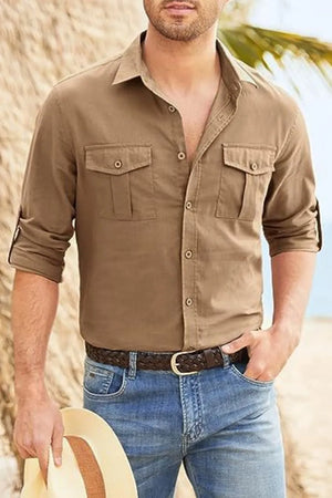 Men's taupe linen utility shirt with two chest pockets and roll-up sleeves.
