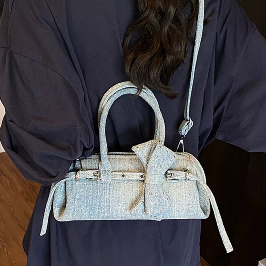 Denim Bow Accent Crossbody Bag in Blue