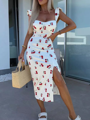 White cherry print midi dress with sweetheart neckline and thigh slit