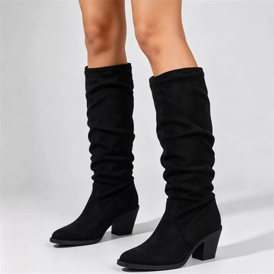 Point Toe Block Heels Boots in Black with point toe