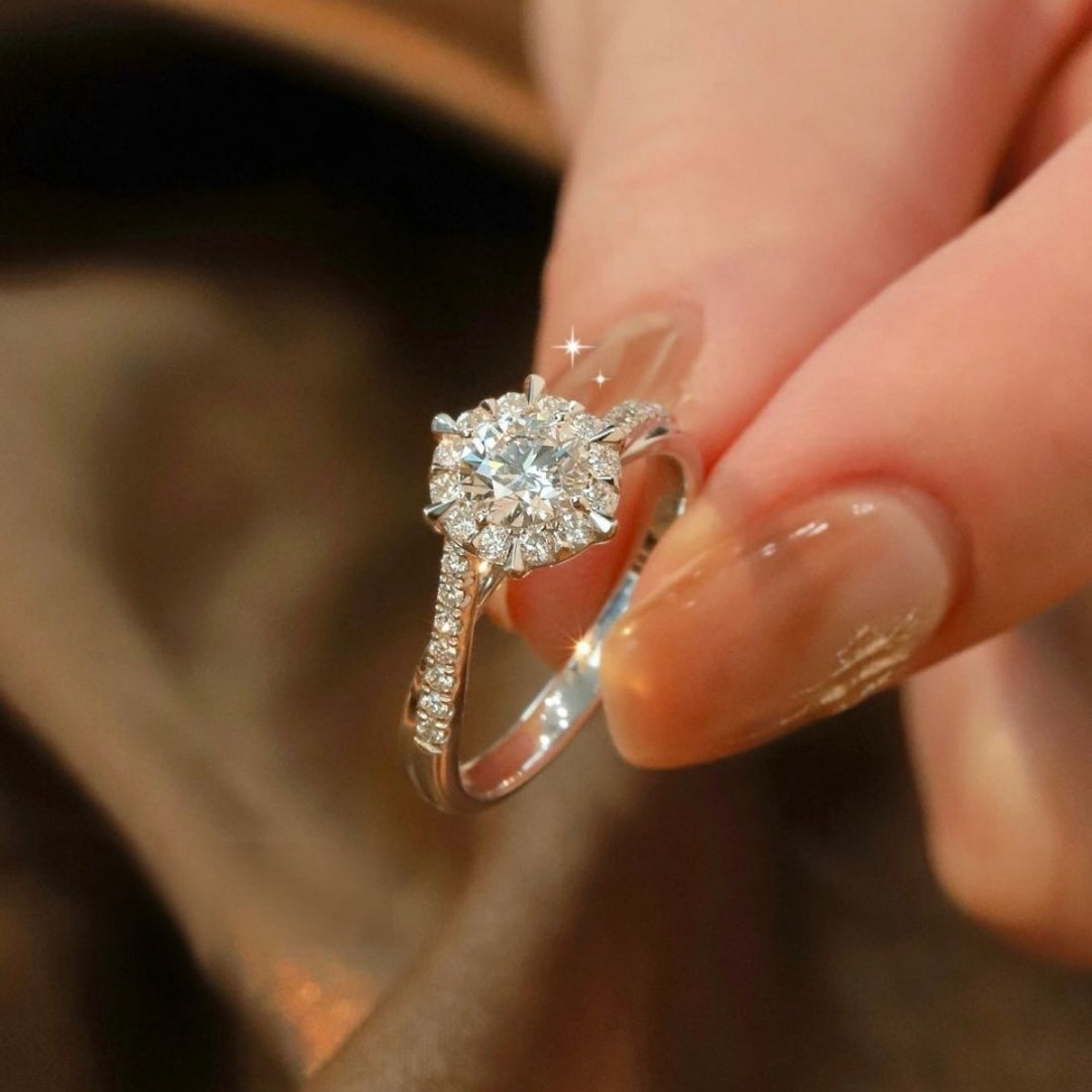 Brilliant Moissanite Halo Ring in 925 silver with a dazzling center stone and pavé band.