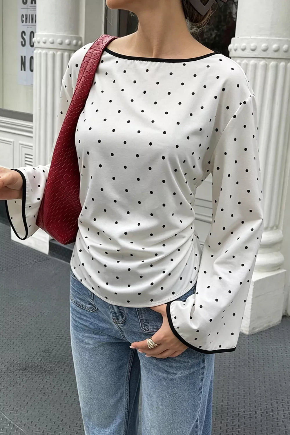 Polka Dot Flare Sleeve Blouse in White
