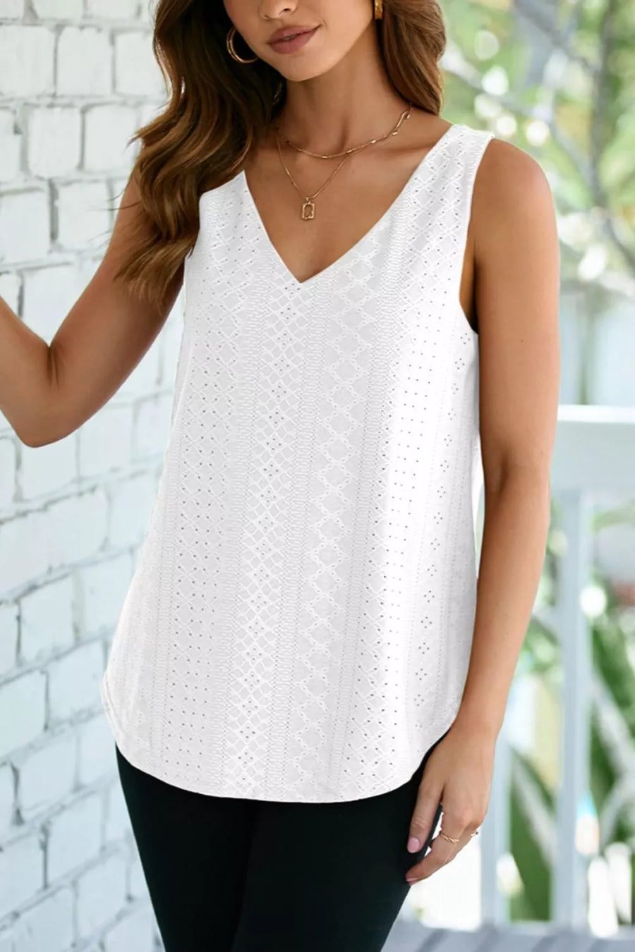 White eyelet knit V-neck tank top with diamond pattern detail