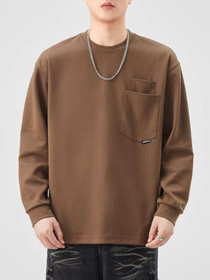 Brown long-sleeve sweatshirt with chest pocket and crew neck.