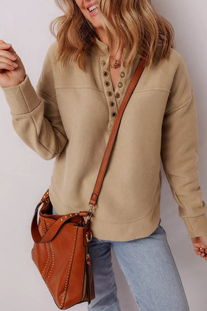 Khaki sweatshirt with hip-length and half-button