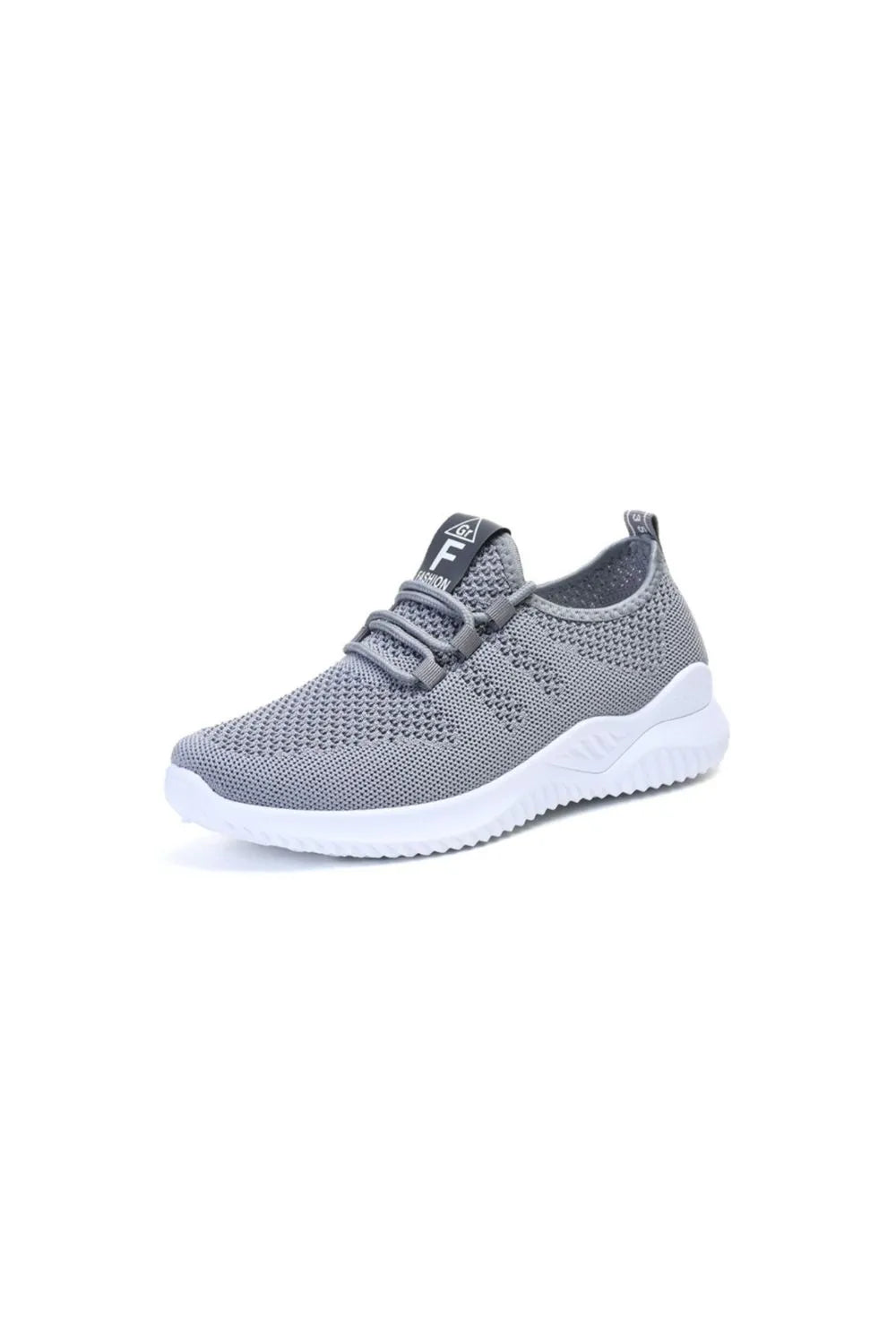 Gray knit runner sneakers with white sole and logo detail on tongue
