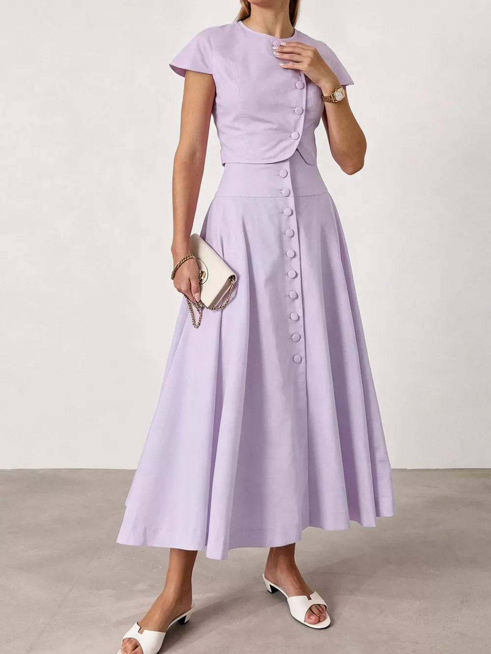 skirt set in Green with buttoned and cropped (top), midi (skirt)