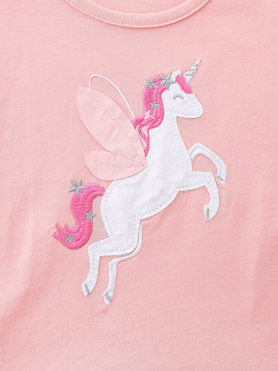 Pink cotton baby dress with a white unicorn applique featuring pink mane and tail with stars.