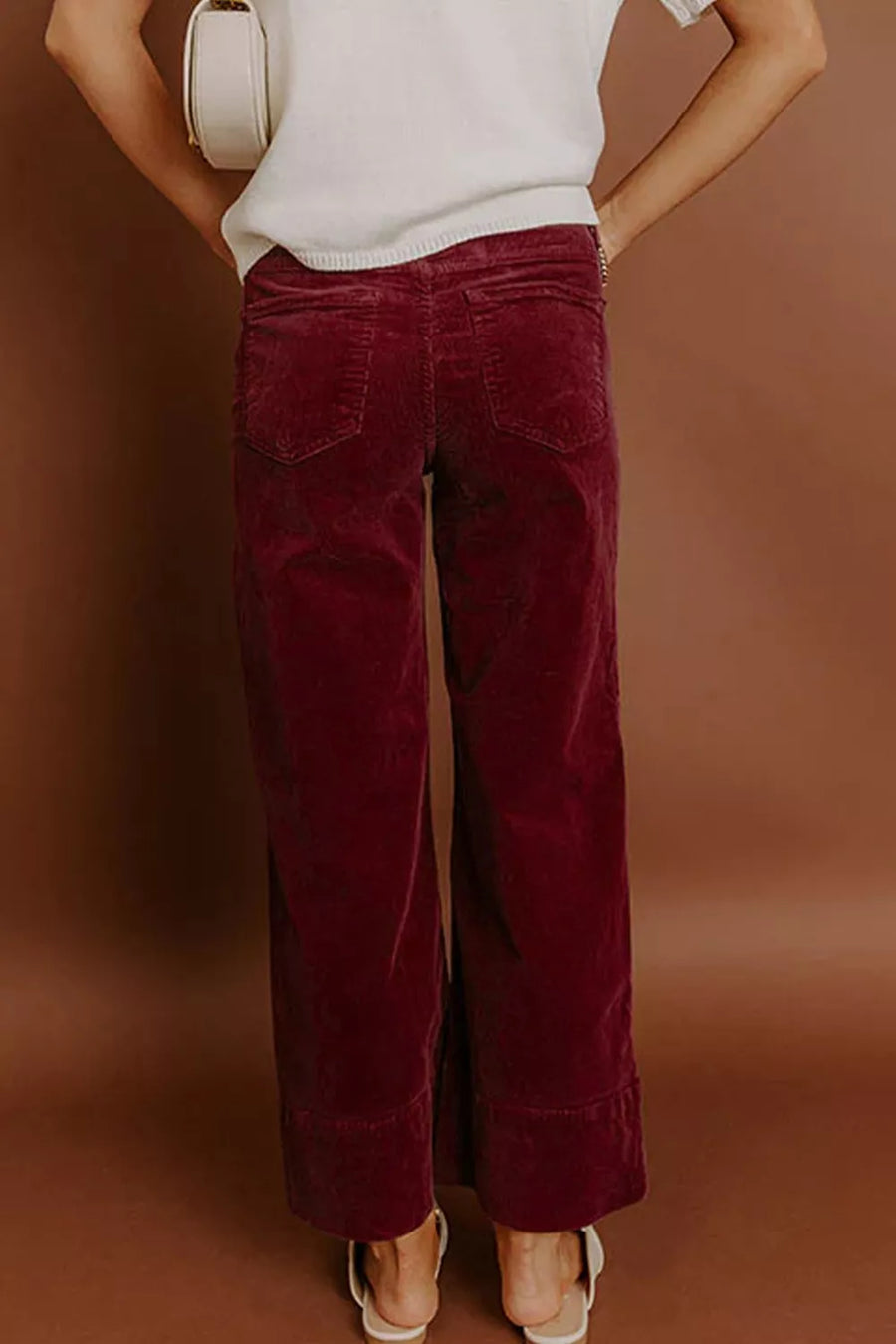 burgundy wide-leg pants with full-length and button-front