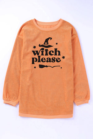Corded orange sweatshirt with Witch Please graphic and witch hat.