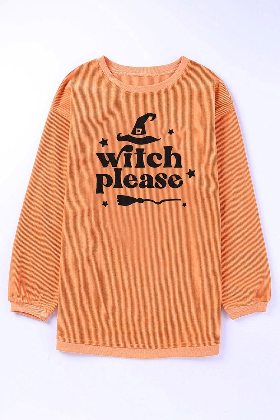 Corded orange sweatshirt with Witch Please graphic and witch hat.