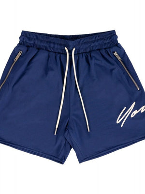 Navy BigFit jogger shorts with drawstring and zippered pockets.