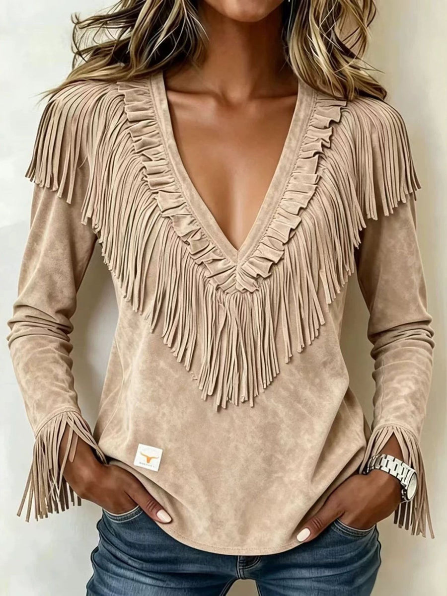 Beige blouse with hip-length and pullover